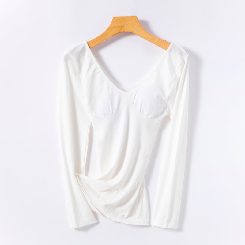 Tricou termic subțire pentru femei, cu decolteu în V, mâneci lungi, alb și nude, top de bază pentru iarnă