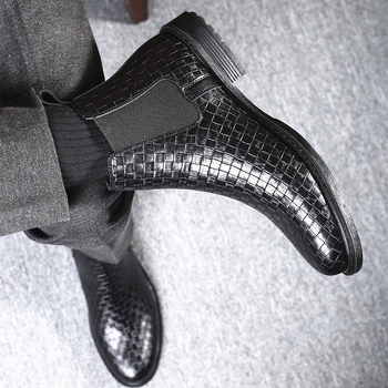 8806 Szövött mintázatú, rugalmas slip-on bőr Chelsea csizma