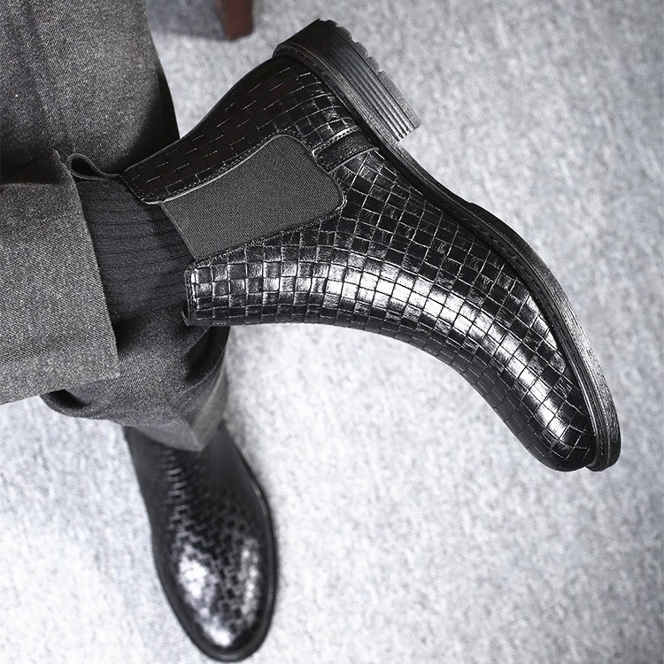 8806 Szövött mintázatú, rugalmas slip-on bőr Chelsea csizma