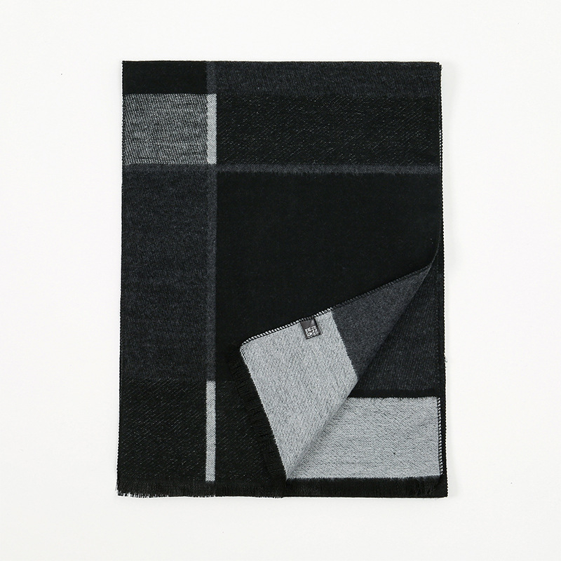 Új férfi sál, meleg, műkasmír, fekete-szürke kockás, 30x180 cm