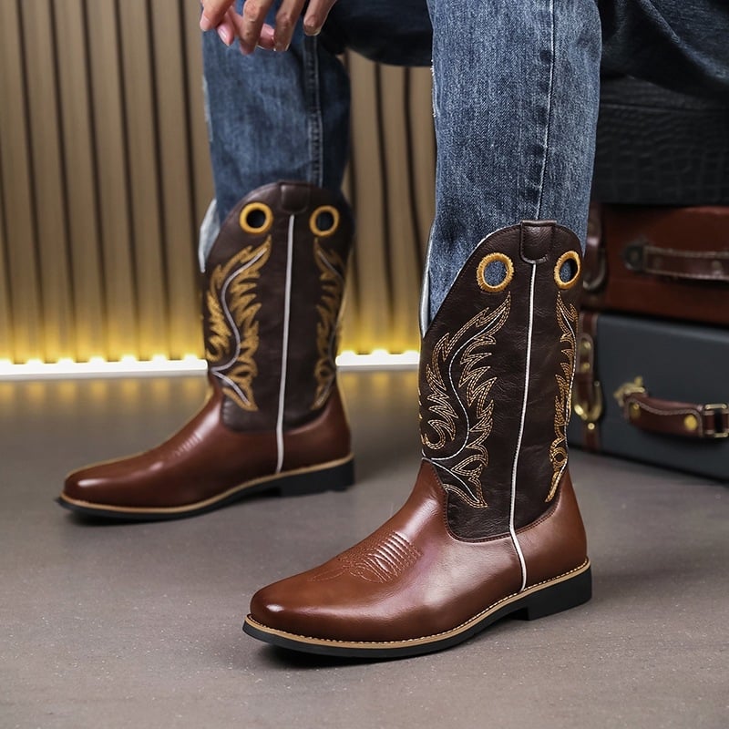 Őszi férfiaknak magas sárú bőrcsizma, hegyes orral, amerikai nyugati cowboy stílus, knight boots
