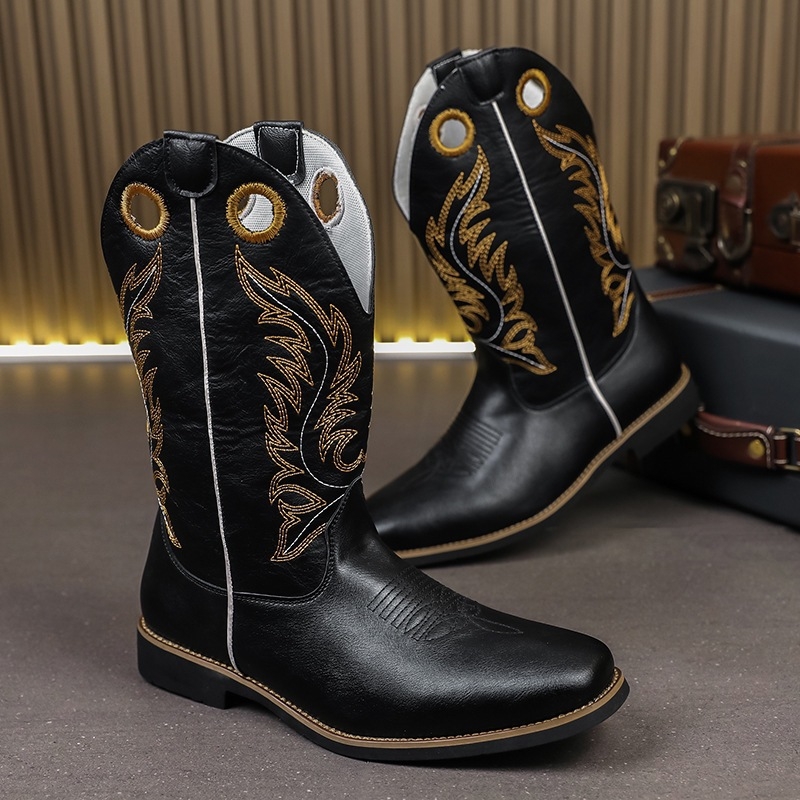 Őszi férfiaknak magas sárú bőrcsizma, hegyes orral, amerikai nyugati cowboy stílus, knight boots