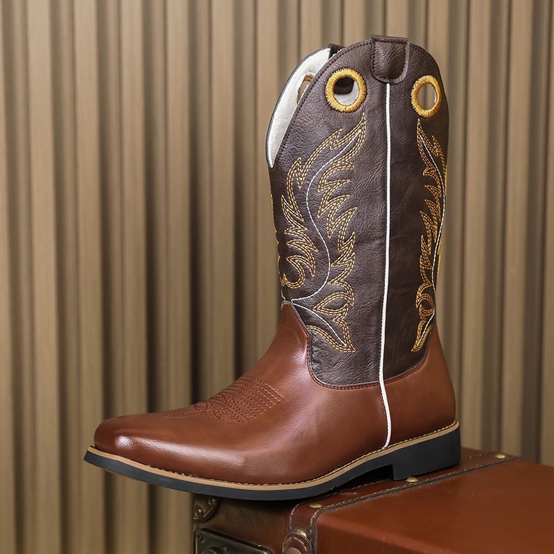 Őszi férfiaknak magas sárú bőrcsizma, hegyes orral, amerikai nyugati cowboy stílus, knight boots