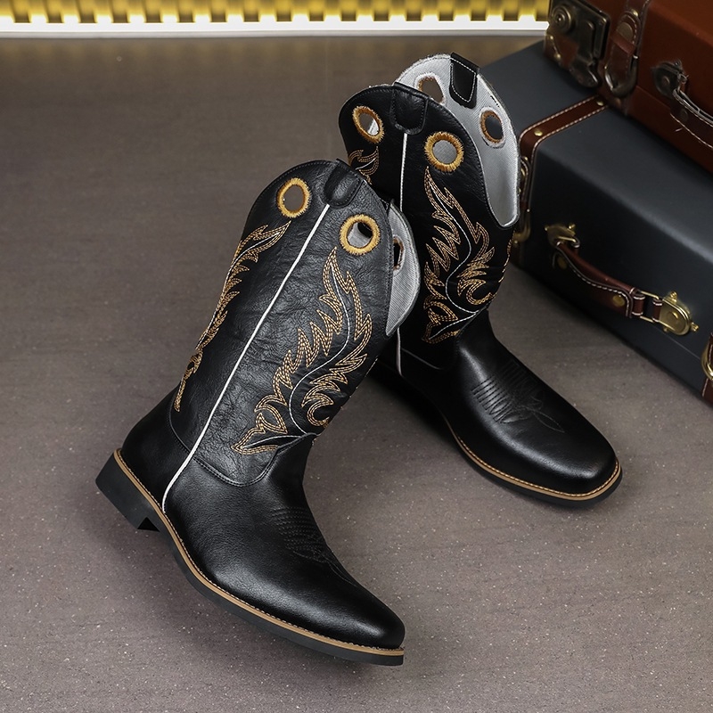 Őszi férfiaknak magas sárú bőrcsizma, hegyes orral, amerikai nyugati cowboy stílus, knight boots