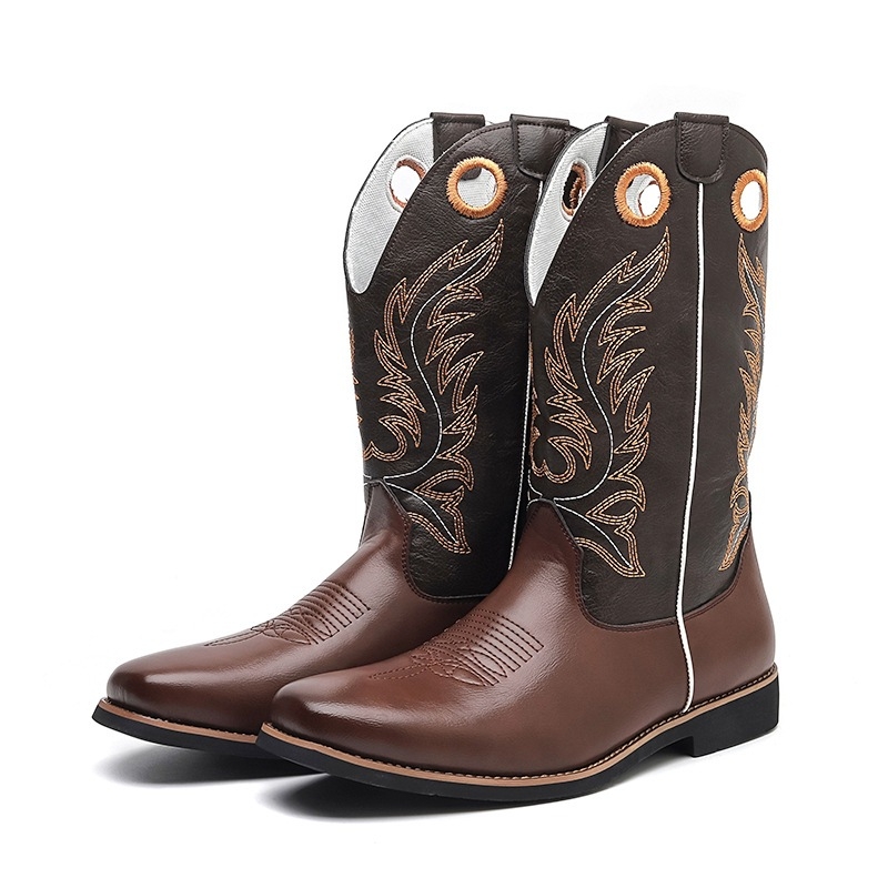 Őszi férfiaknak magas sárú bőrcsizma, hegyes orral, amerikai nyugati cowboy stílus, knight boots