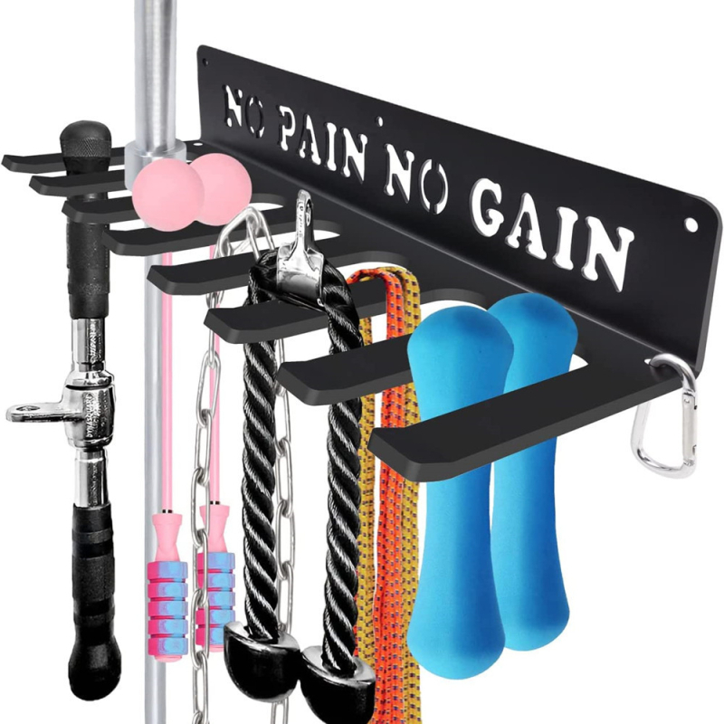 Zidni držač s 8 kukica za pohranu opreme za vježbanje: trake otpora, užad za preskakanje i pojasevi za dizanje utega