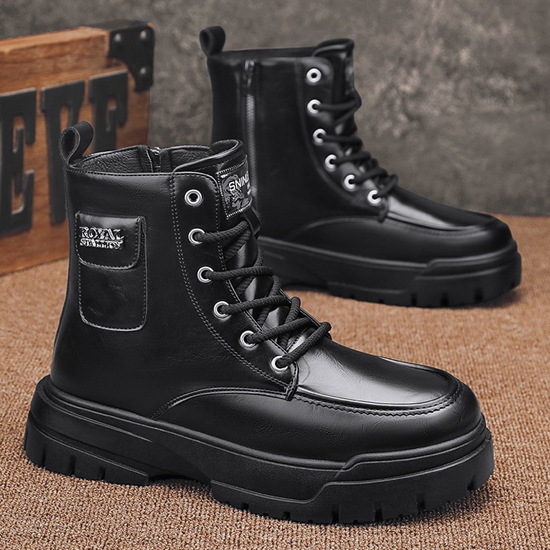 Férfiaknak Martin stílusú magas szárú bőr motoros csizma, fekete, vastag talppal, magasságot növelő dizájnnal, ősz-tél 2025