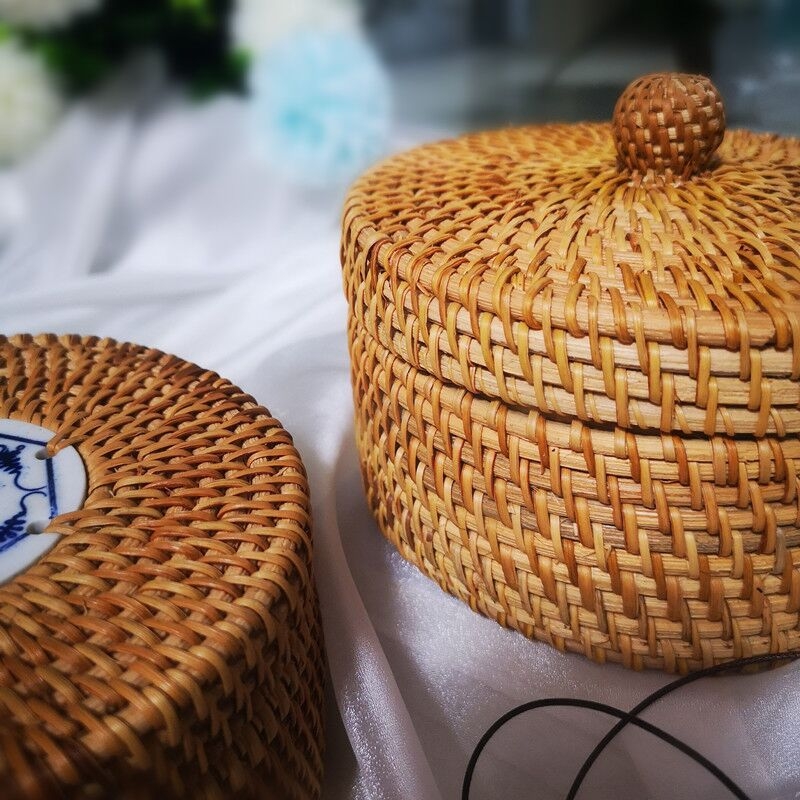 Ratan kutija za pohranu s poklopcem, ručno pletene kutija za šivanje i nakit