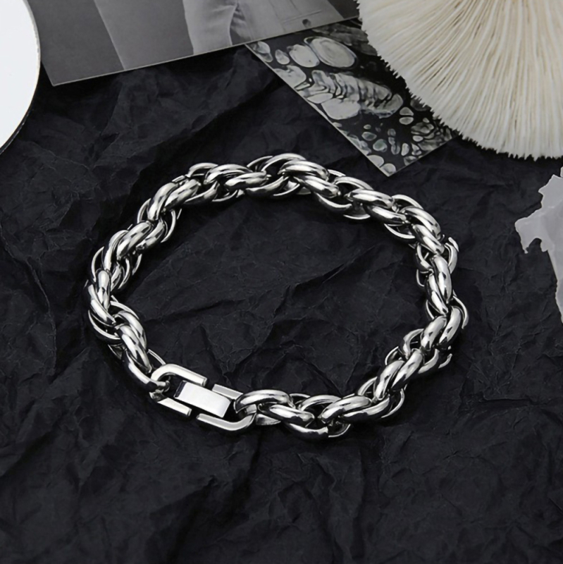 Unisex narukvica od ručno pletene debelog užetnog lanca s kopčom od titan čelika, kubanski stil