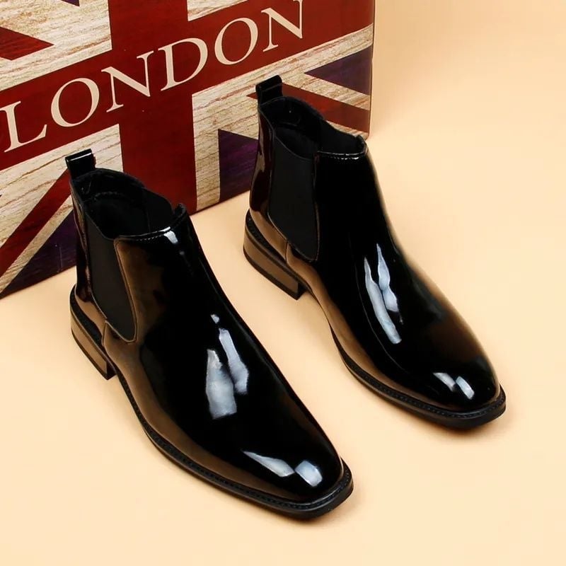Мъжки обувки Челси, лъскава PU кожа, британски стил, квадратен нос, средно високи, дишаща подплата