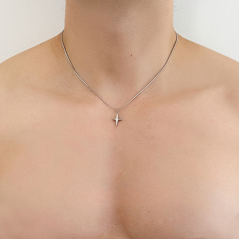 Nakit od titanijskog čelika s privjeskom križa i zvijezde, minimalistički, unisex, lanac zmijskog uzorka, romb stil
