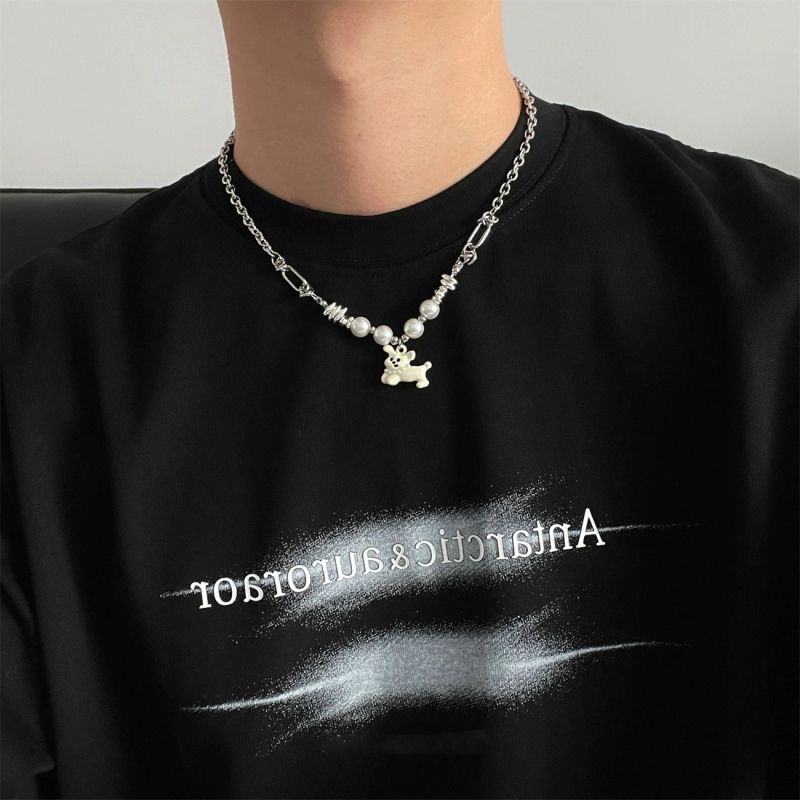 Unisex ogrlica od titan čelika s kubanskim lancem, karikaturalno štene s bisernim ugradnjama, hip-hop stil, duljina do ključne kosti, zimsko izdanje 2024