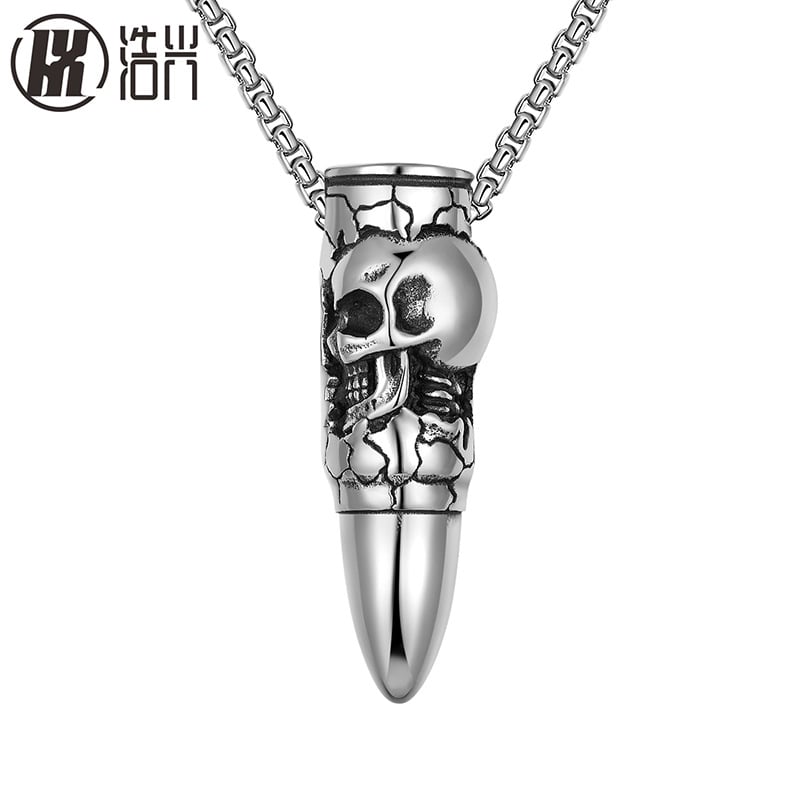Pandantiv colier din oțel titan cu craniu de dragon și design în formă de glonț, accesoriu hip-hop masculin