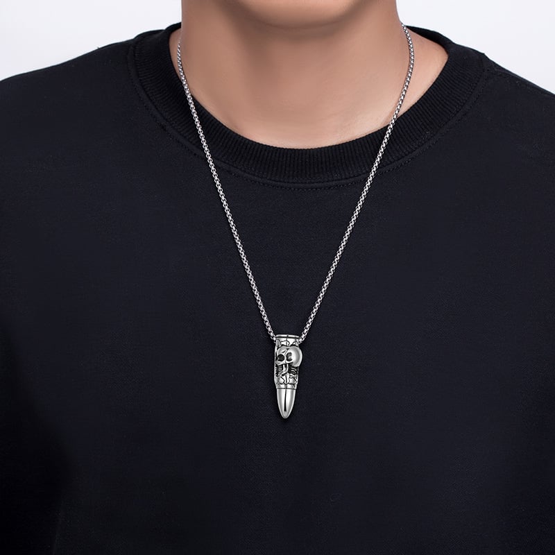 Pandantiv colier din oțel titan cu craniu de dragon și design în formă de glonț, accesoriu hip-hop masculin
