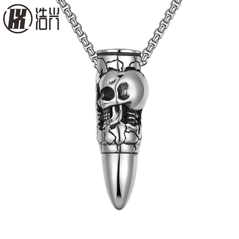 Pandantiv colier din oțel titan cu craniu de dragon și design în formă de glonț, accesoriu hip-hop masculin