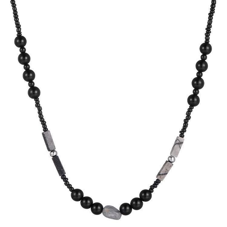Unisex ogrlica s prirodnim kamenom i crnim perlama, ručna izrada, geometrijski dizajn, duljina 41–50 cm