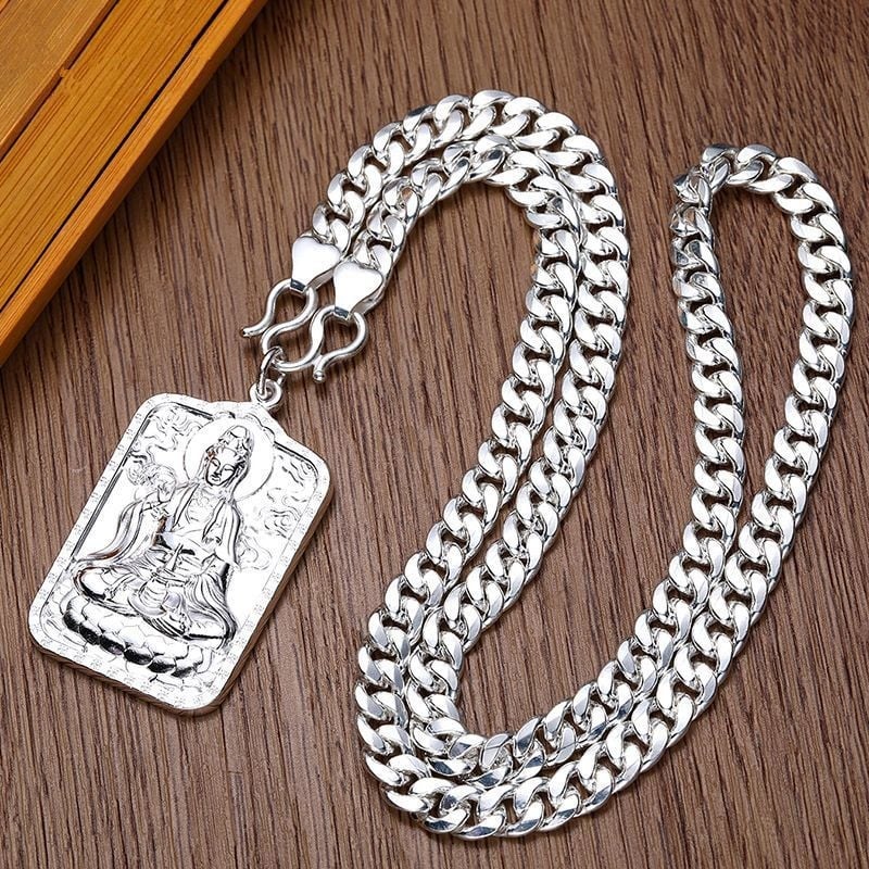 Privjesak od sterling srebra S999 Guanyin – čvrsta kvadratna pločica, kapljasti Guanyin, muški nakit sa Sutrom Srca, srebrni nakit