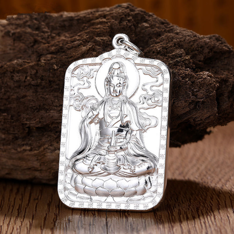 Privjesak od sterling srebra S999 Guanyin – čvrsta kvadratna pločica, kapljasti Guanyin, muški nakit sa Sutrom Srca, srebrni nakit