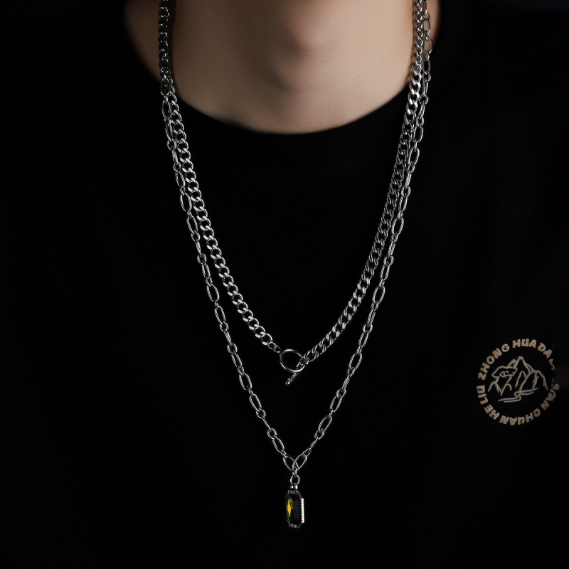 Unisex dvostruko slojevita ogrlica s trobojnim cirkonom, visoko kvalitetan retro hip-hop dizajn