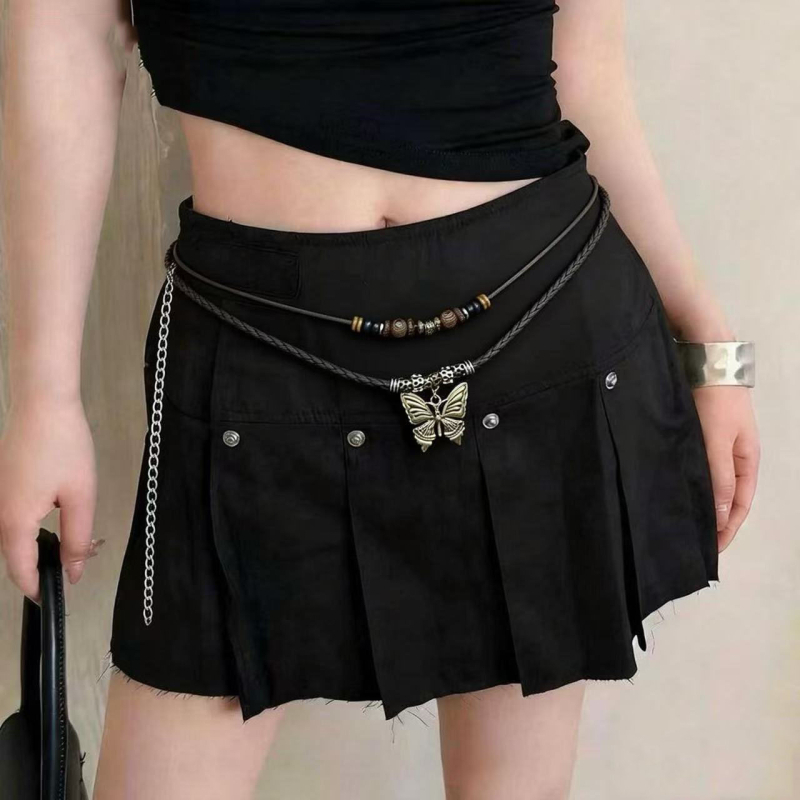 Ženski pojasni lanac s privjeskom leptira, boemski etnički stil, dvostruki sloj, metalni materijal, duljina 110–115 cm, širina 2–4 cm