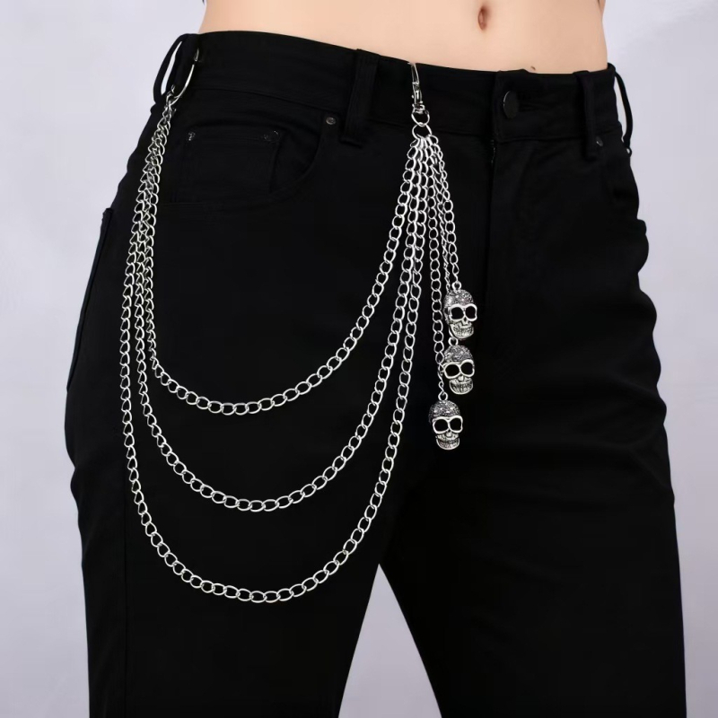 Unisex metalni kaiš lanac, višestruki sloj, privjesak lubanje, hip-hop stil, svestran dodatak za hlače