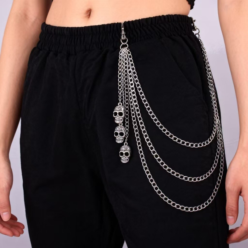Unisex metalni kaiš lanac, višestruki sloj, privjesak lubanje, hip-hop stil, svestran dodatak za hlače