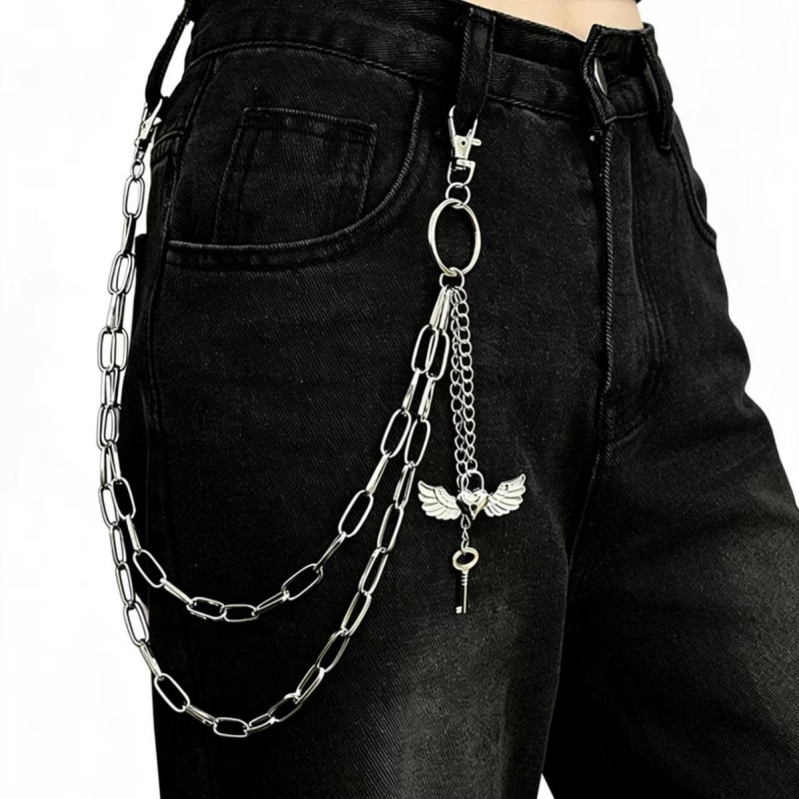 Metalni lanac za pojas s privjeskom srca i krila za traperice – unisex, punk hip-hop stil