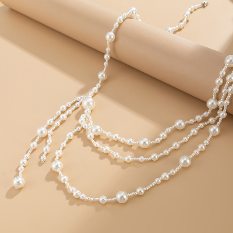 Ženski kaiš za struk s umjetnim perlama u retro franuskome stilu, višeslojni lanac s okruglim perlama i resicama