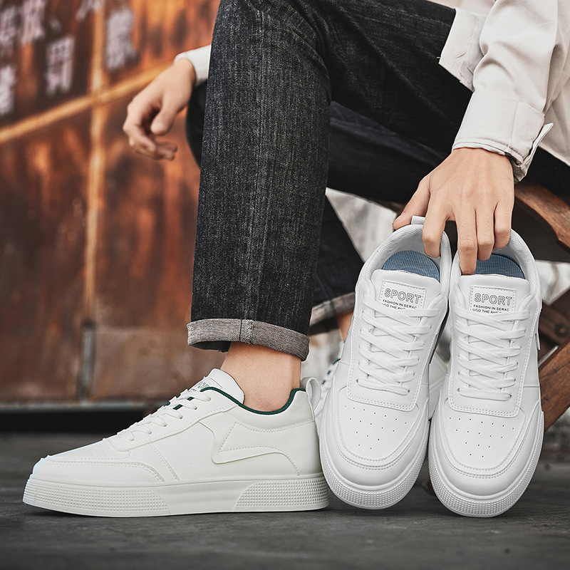 Új, pluszméretű férfi mindennapi sneaker Koreai stílusban – fehér bőr paneles felsőrész, vastag talppal
