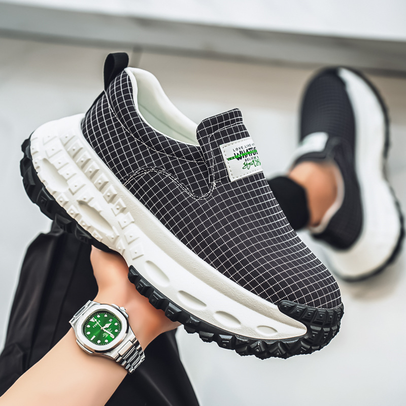 Férfi vászon Slip-On cipő Houndstooth mintával – sportos-casual lábbeli vastag talppal tavaszra–nyárra