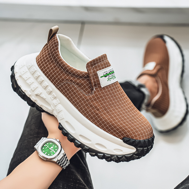 Férfi vászon Slip-On cipő Houndstooth mintával – sportos-casual lábbeli vastag talppal tavaszra–nyárra