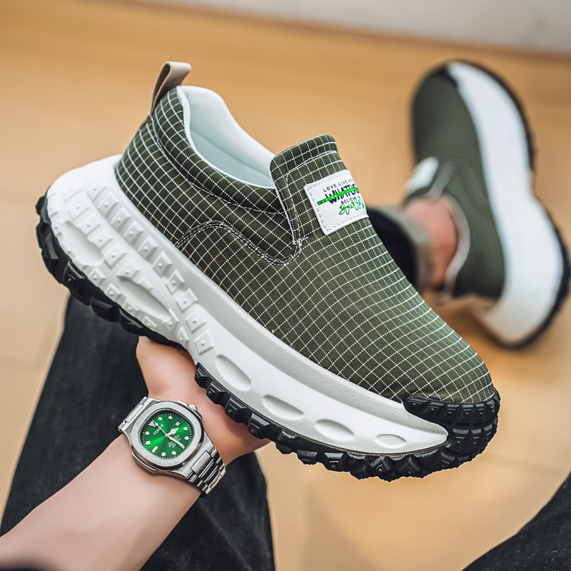 Férfi vászon Slip-On cipő Houndstooth mintával – sportos-casual lábbeli vastag talppal tavaszra–nyárra