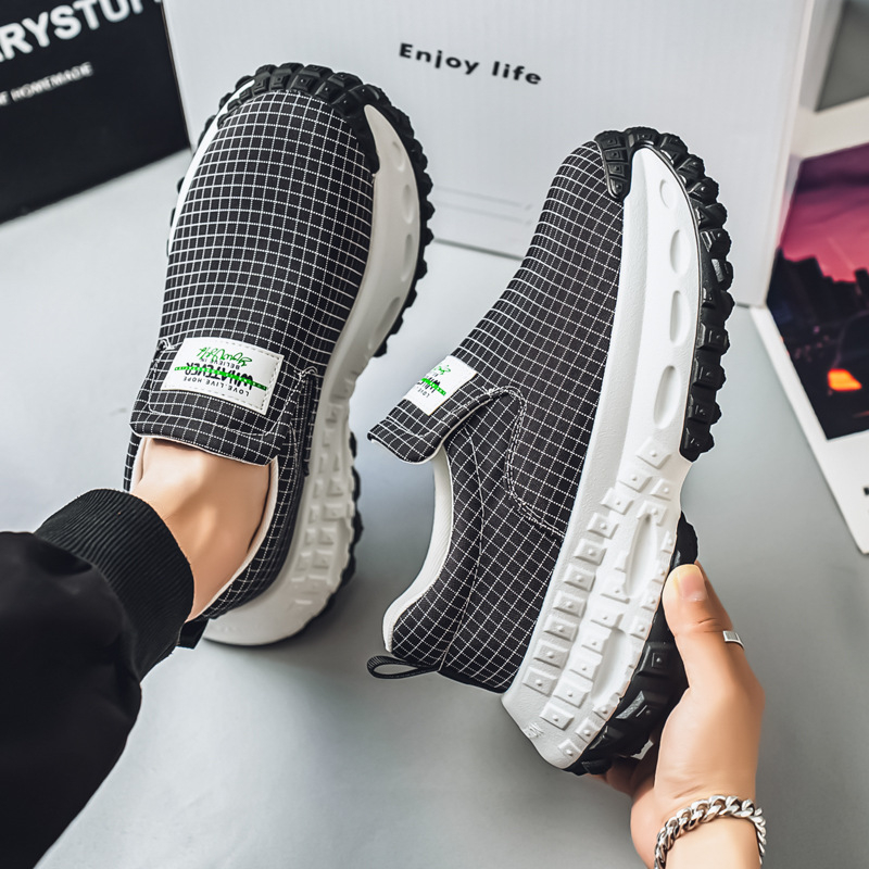 Férfi vászon Slip-On cipő Houndstooth mintával – sportos-casual lábbeli vastag talppal tavaszra–nyárra
