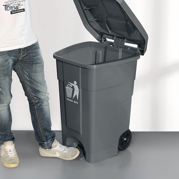 70 L pedálos szemetes kerékkel és fedővel, kültéri használatra, vastag falú kivitel