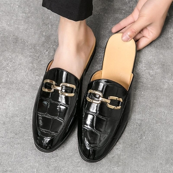 Férfi bőr félbackes slip-on mokaszli, brit stílus, kerek orrú, őszi 2025