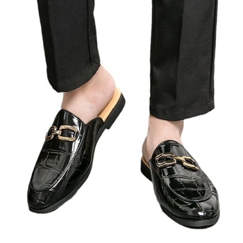 Férfi bőr félbackes slip-on mokaszli, brit stílus, kerek orrú, őszi 2025