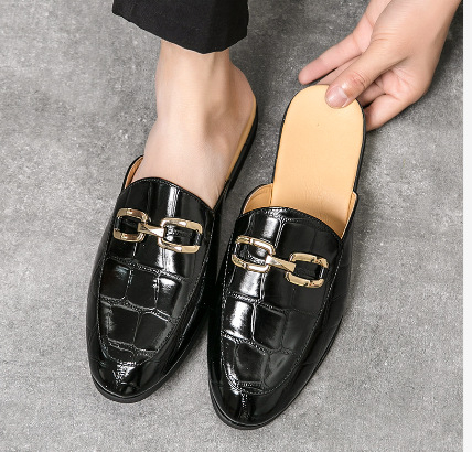 Férfi bőr félbackes slip-on mokaszli, brit stílus, kerek orrú, őszi 2025
