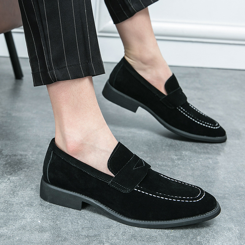 Férfi velúr bőrcipő, slip-on, retro stílus, üzleti és hétköznapi viselet, hegyes orr