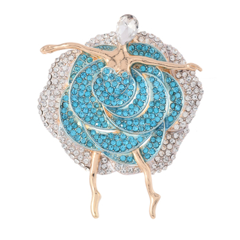 Broșă vintage cu trandafir din rhinestones și siluetă de dansatoare