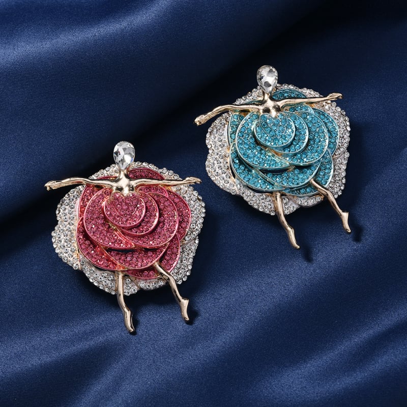 Broșă vintage cu trandafir din rhinestones și siluetă de dansatoare