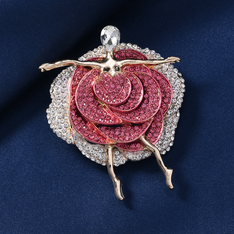 Broșă vintage cu trandafir din rhinestones și siluetă de dansatoare