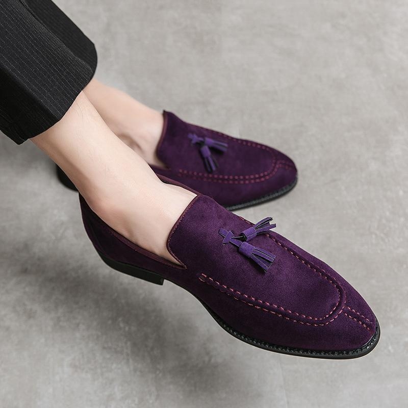 Pluszméretű üzleti formális bőrcipő velúr felülettel, alacsony felsőrésszel, slip-on bojtokkal, mindennapi férfi cipő