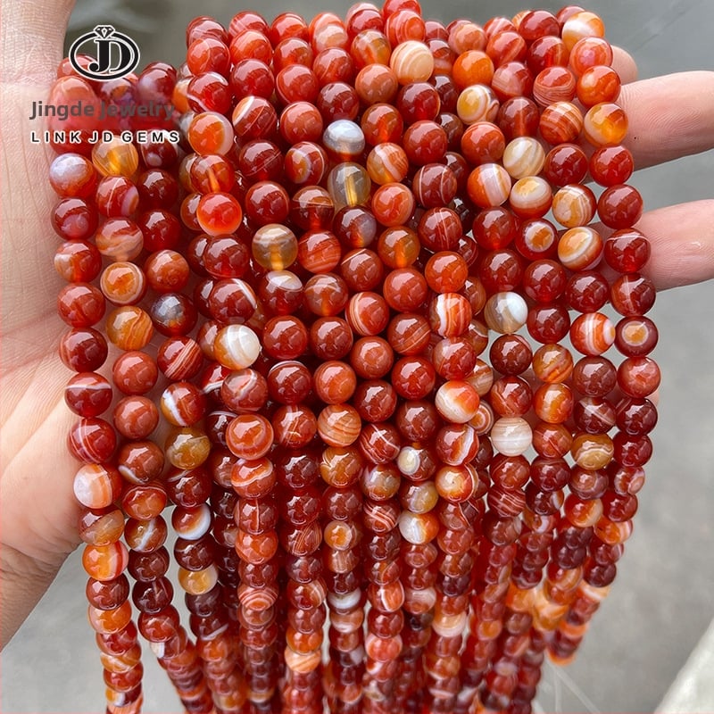 Jingde Jewelry Ahat s crvenim prugama, okrugle perle obavijene svilenom – Labave perle za DIY nakita, komponenti za narukvicu, poluproizvodi