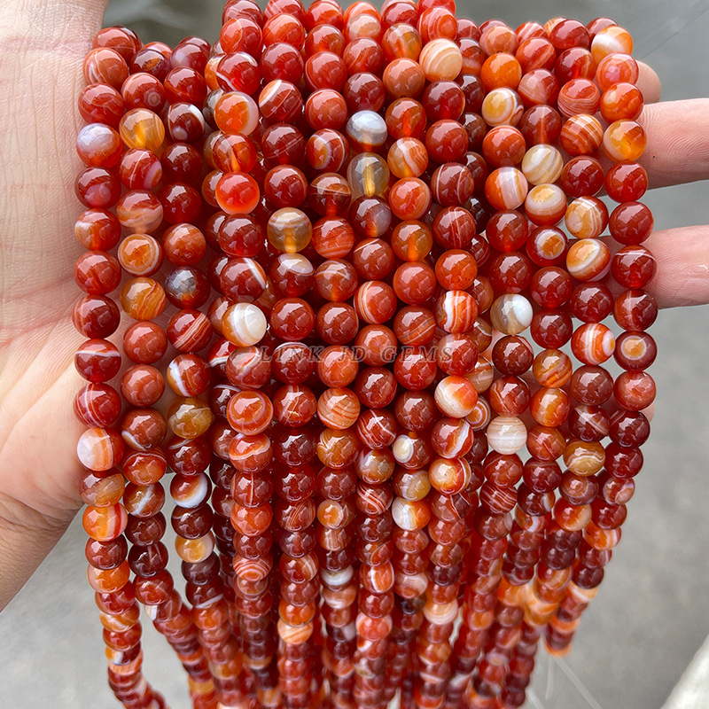 Jingde Jewelry Ahat s crvenim prugama, okrugle perle obavijene svilenom – Labave perle za DIY nakita, komponenti za narukvicu, poluproizvodi