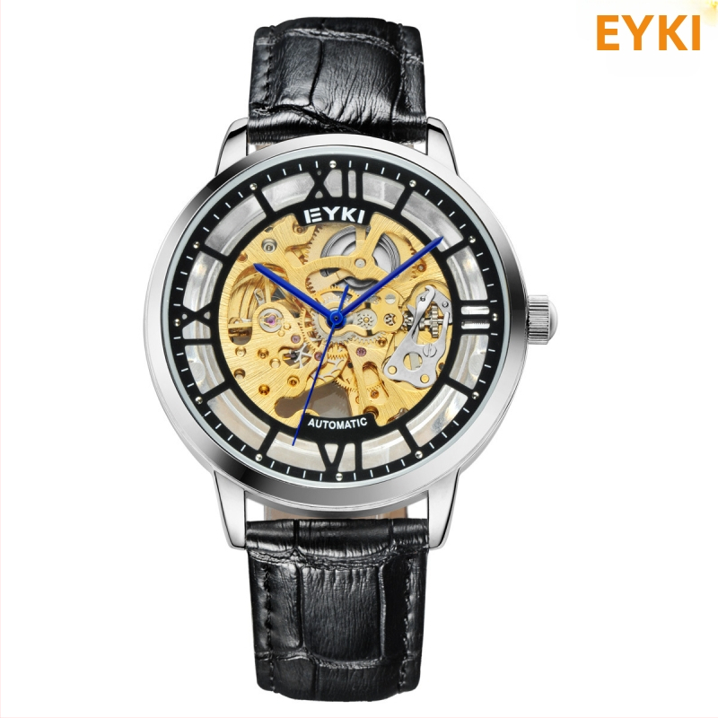 Eyki 8882 Automatické mechanické skeleton hodinky s koženým remienkom, 40 mm priemer, vodotesnosť 30 m, spona z ružového zlata