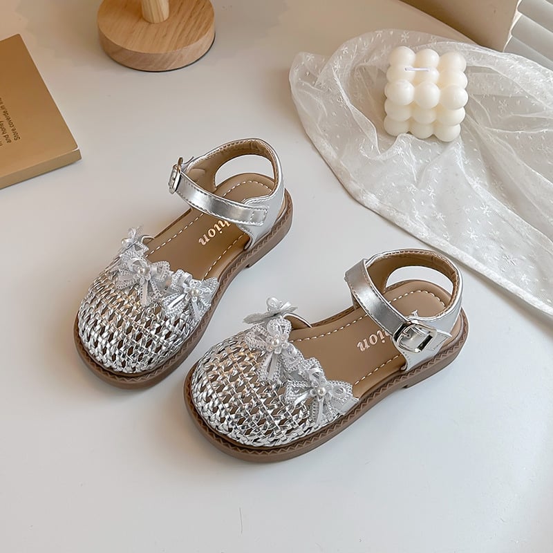 Dječje sandale od pletene mreže s zatvorenim prstom, princeza stil, rimske sandale, mekane prozračne potplati i mašnicom