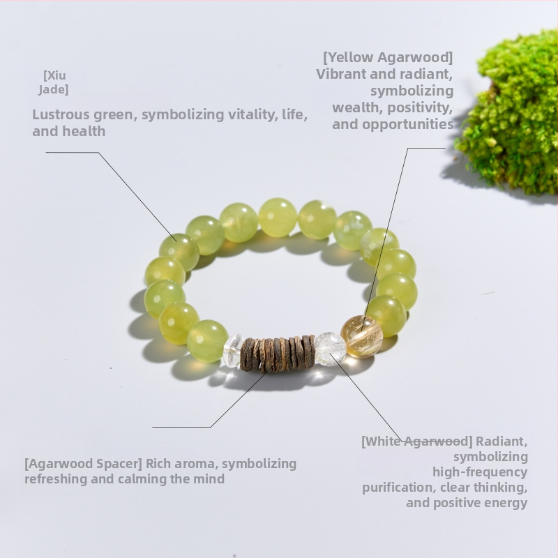 Prirodni zeleni kristalni narukvica s Xiuyu jadeom, agarwood i citrinom – unisex, luksuzni komad nakita za dar