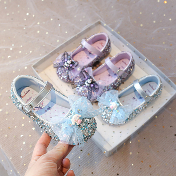 Csillogó hercegnői cipő lányoknak, prémium bőrből, masnival és kristálydíszítéssel