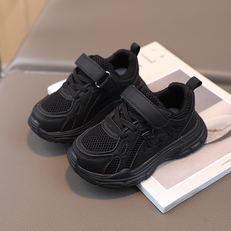 Dječje crne tenisice s prozračnim mrežastim gornjim dijelom PU+mesh, ultra lagani EVA potplat, kopčanje na Velcro traku, unisex, za djecu 4–12 godina.