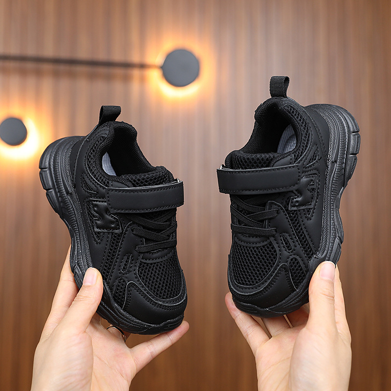 Dječje crne tenisice s prozračnim mrežastim gornjim dijelom PU+mesh, ultra lagani EVA potplat, kopčanje na Velcro traku, unisex, za djecu 4–12 godina.